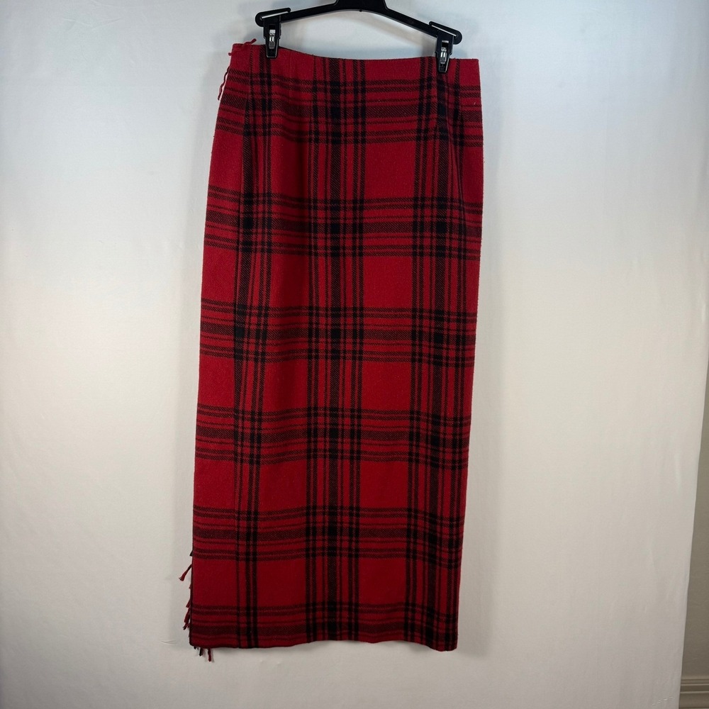 Cambridge Country Red Black Plaid Wool Blend Fringe Maxi Wrap Skirt Womens 10
